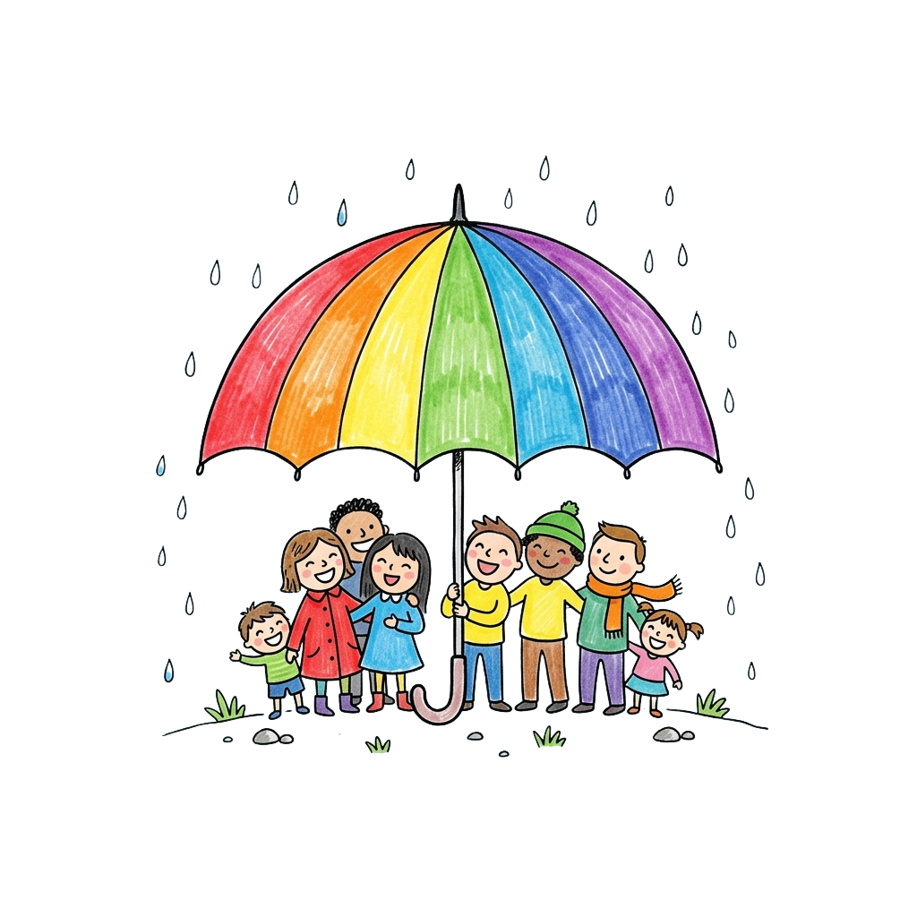 A cheerful family of seven standing under a large rainbow-colored umbrella during rain