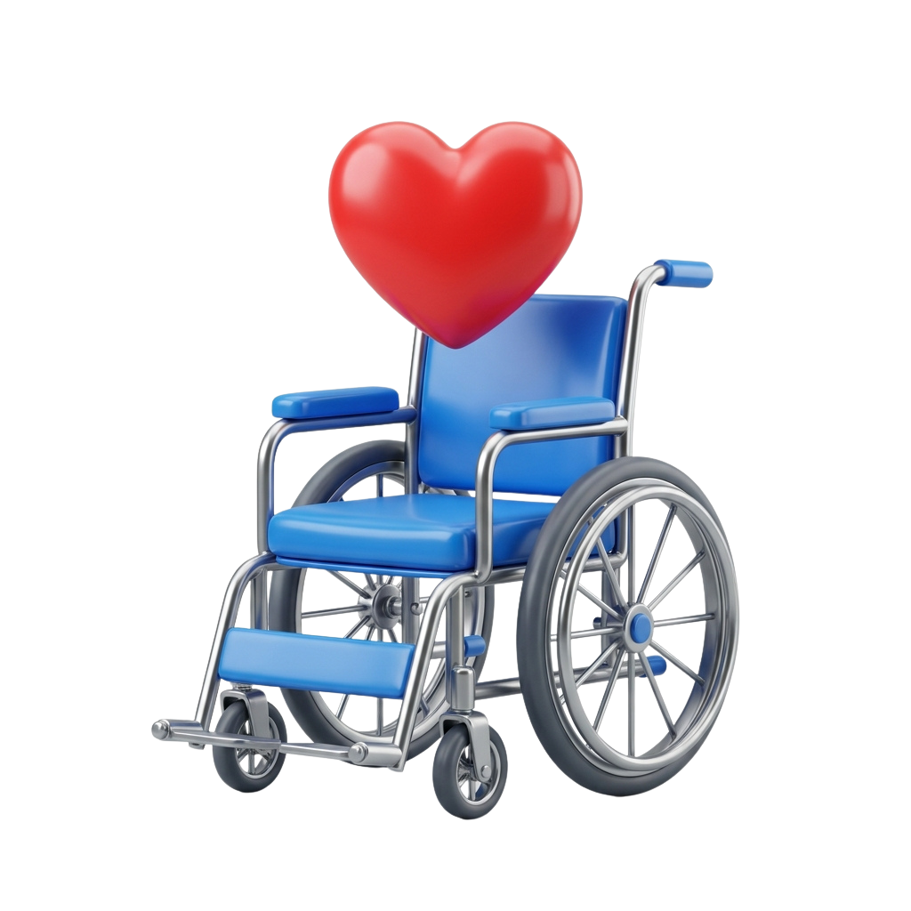 A blue wheelchair with a large red heart on its backrest symbolizing love and support