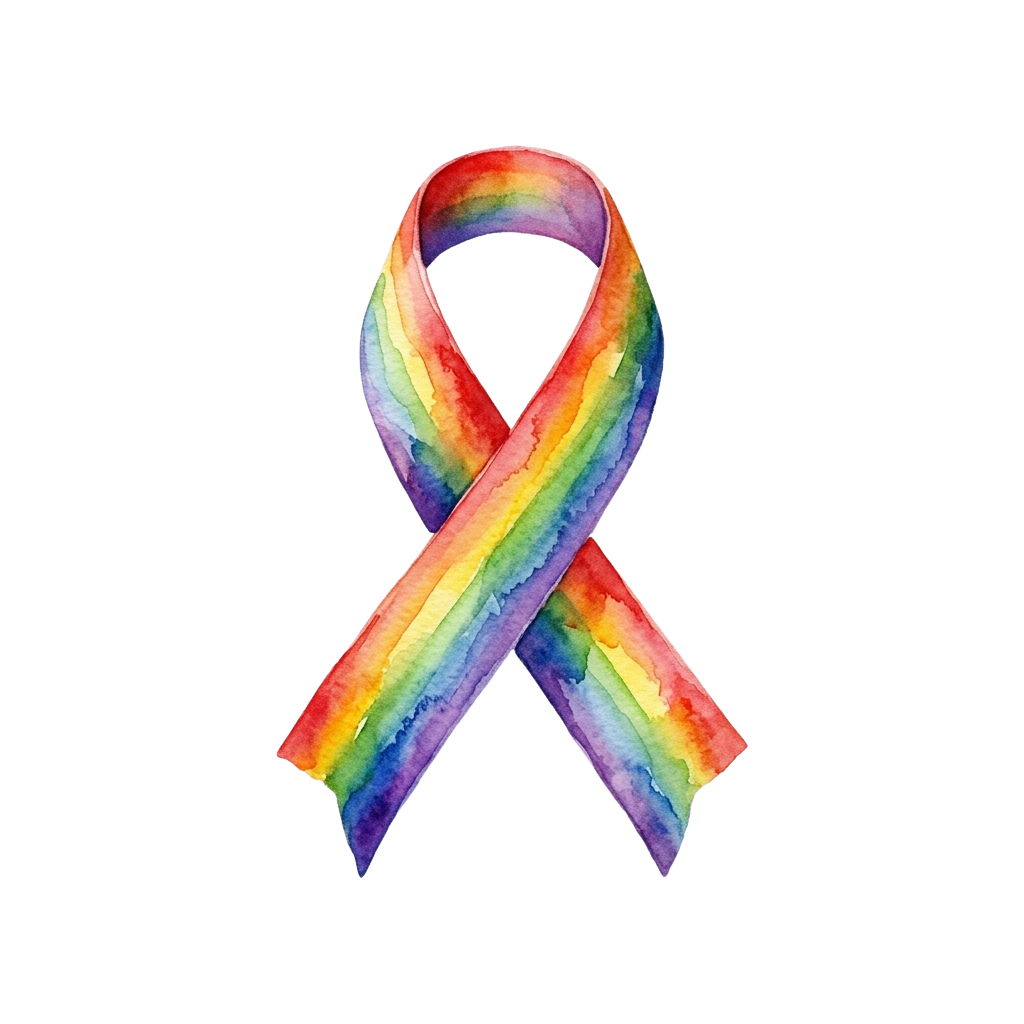 A colorful rainbow ribbon symbolizing LGBTQ pride and support against a black background