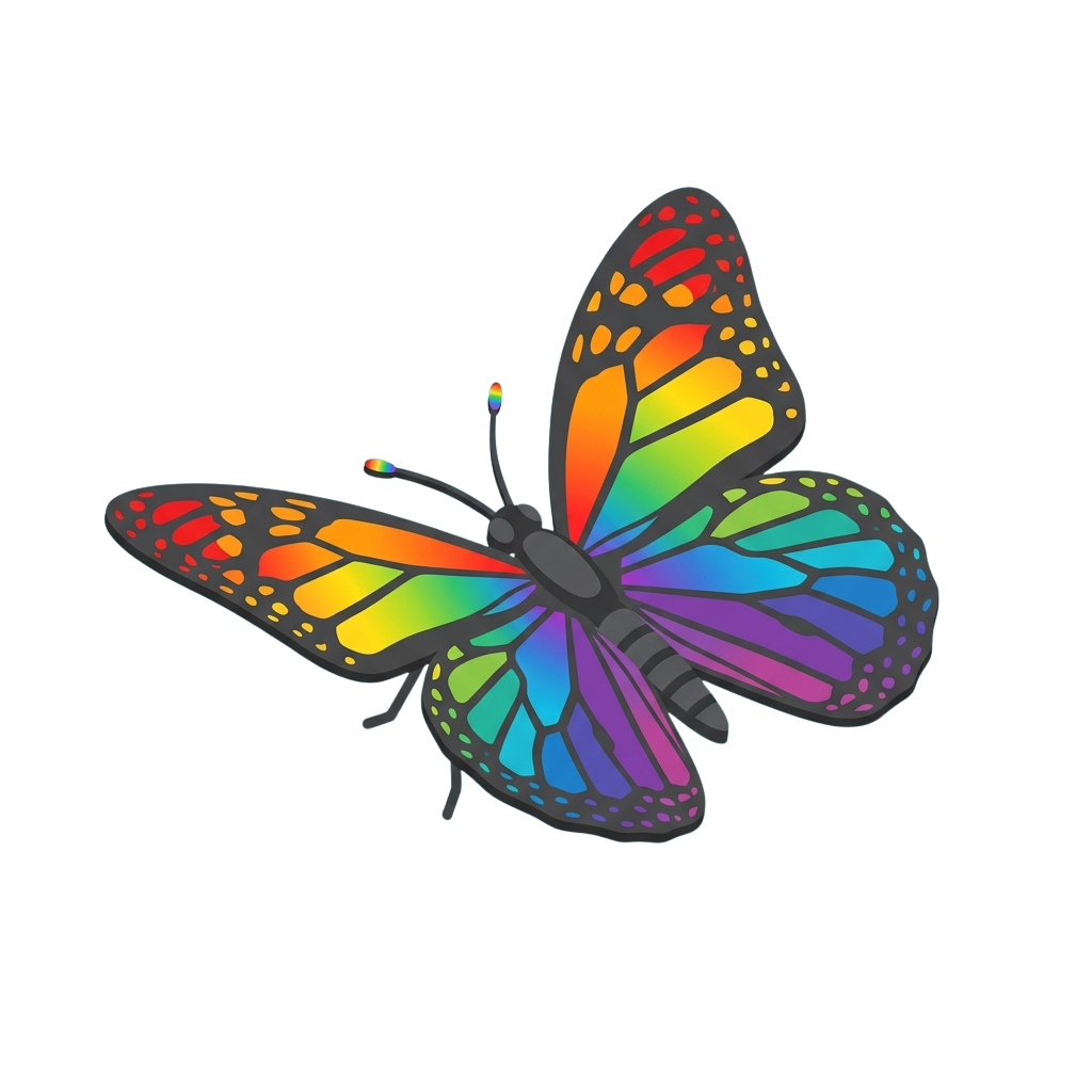 A vibrant butterfly with rainbow-colored wings and black outlines on a black background