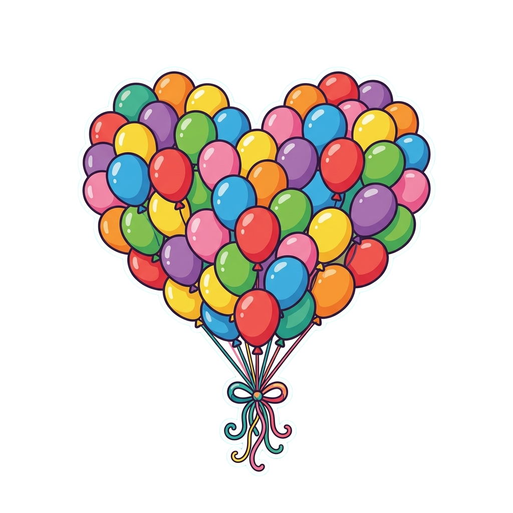 A heart made of many colorful balloons tied together with a decorative ribbon
