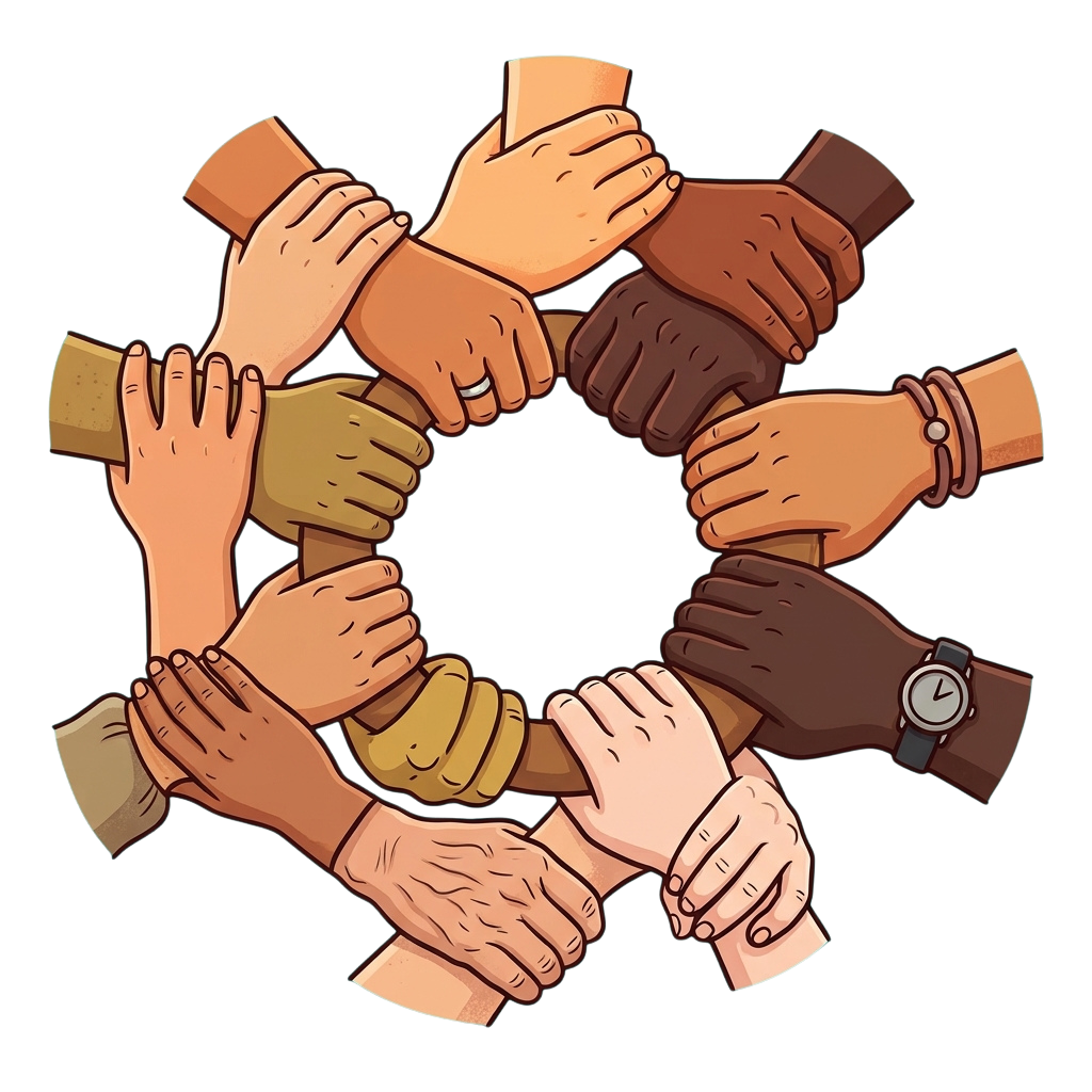Illustration of multiple hands of different skin tones clasped together in a circle.
