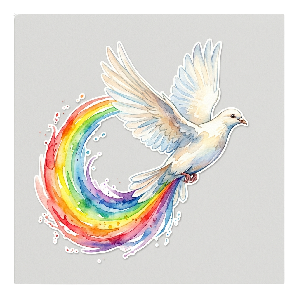 A white dove in flight surrounded by a colorful watercolor rainbow