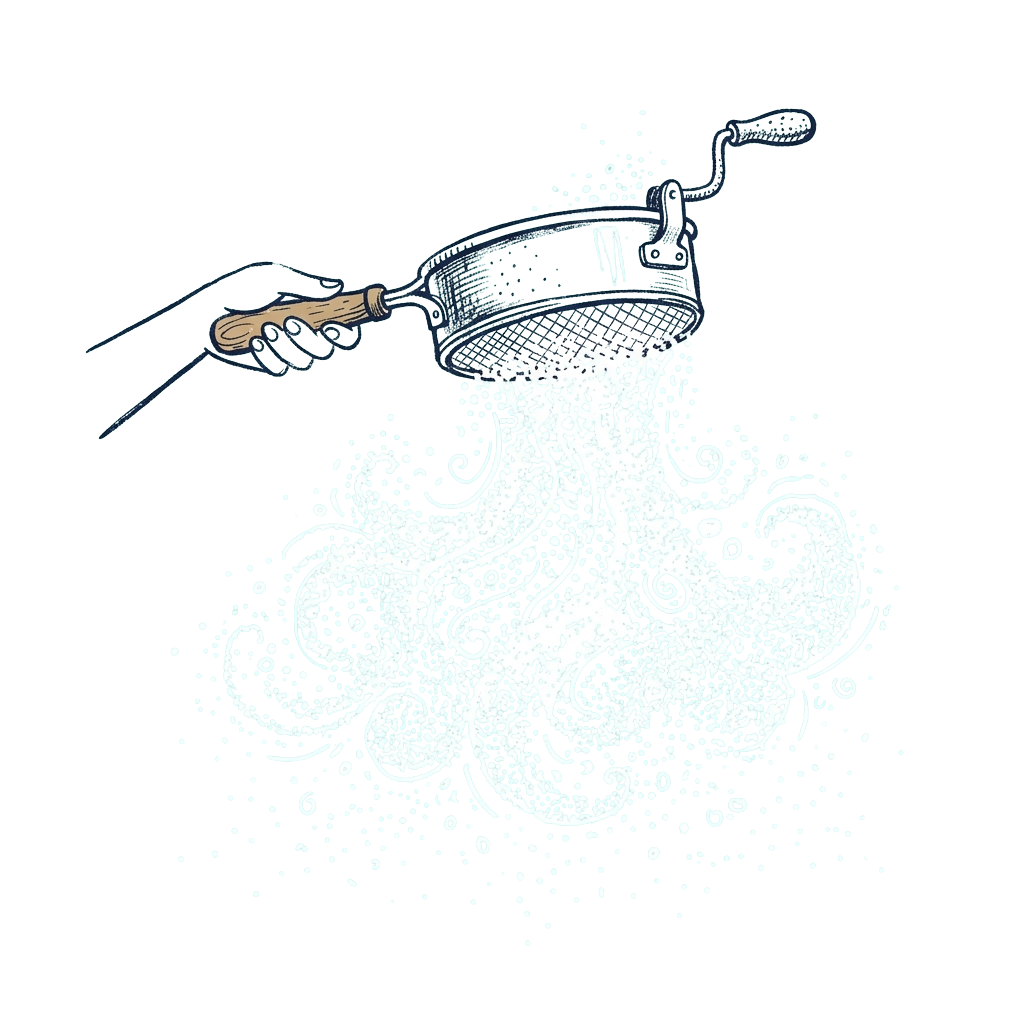 An artistic illustration of an octopus releasing ink with a diver mask and flashlight nearby