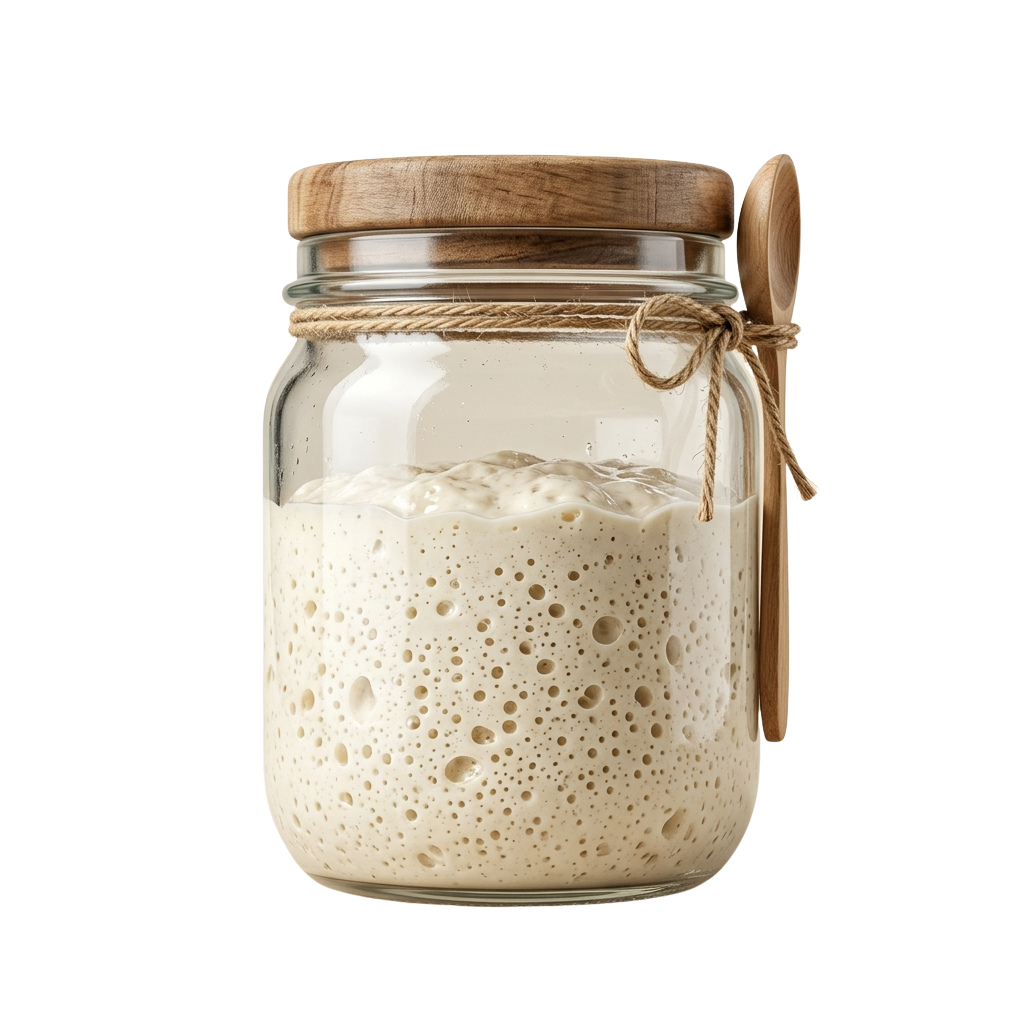 A glass jar with a wooden lid and twine handle containing bubbly sourdough starter.