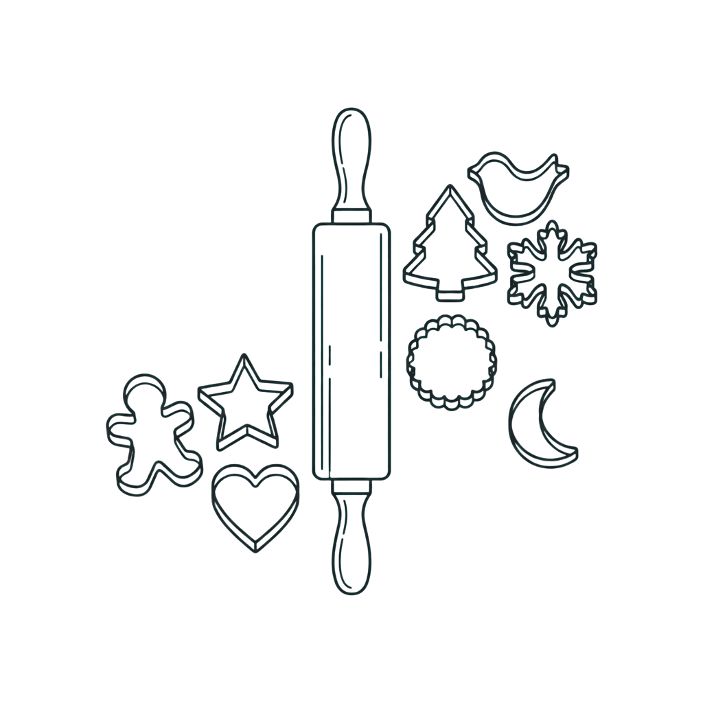 Illustration of a rolling pin and various shaped cookie cutters including gingerbread, star, heart, tree, snowflake, crescent moon, and wreath.