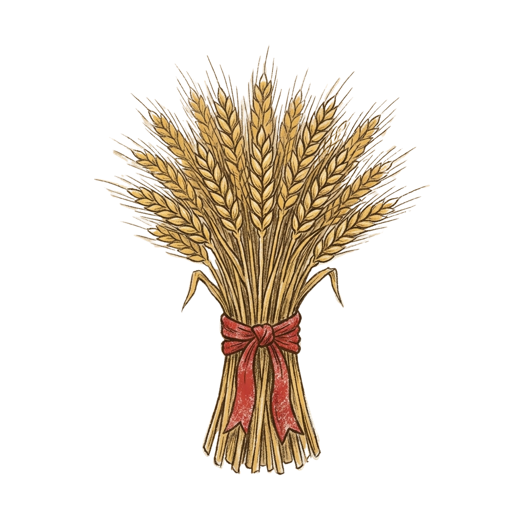 Illustration of a wheat sheaf tied with a red ribbon against a black background