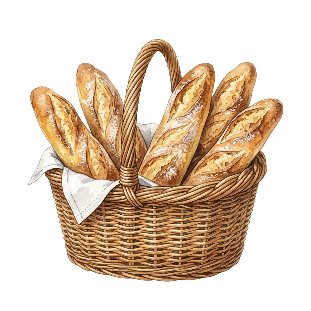A wicker basket holding five golden brown baguettes with a white cloth napkin underneath