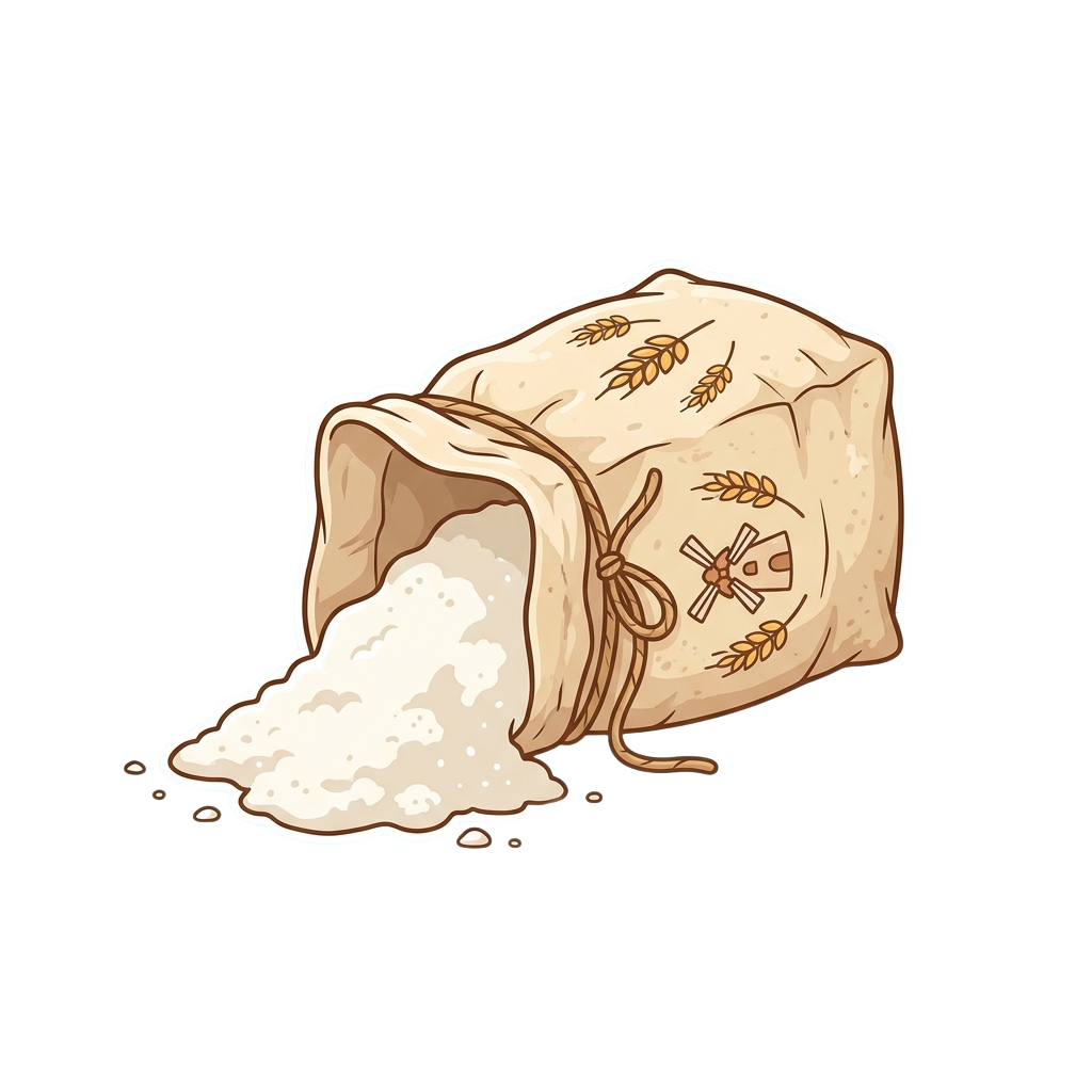 Illustration of a burlap sack with wheat symbols pouring white flour onto a dark background