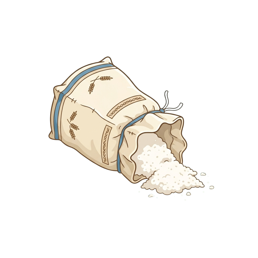 Illustration of a burlap sack with wheat symbols pouring white flour onto a dark background