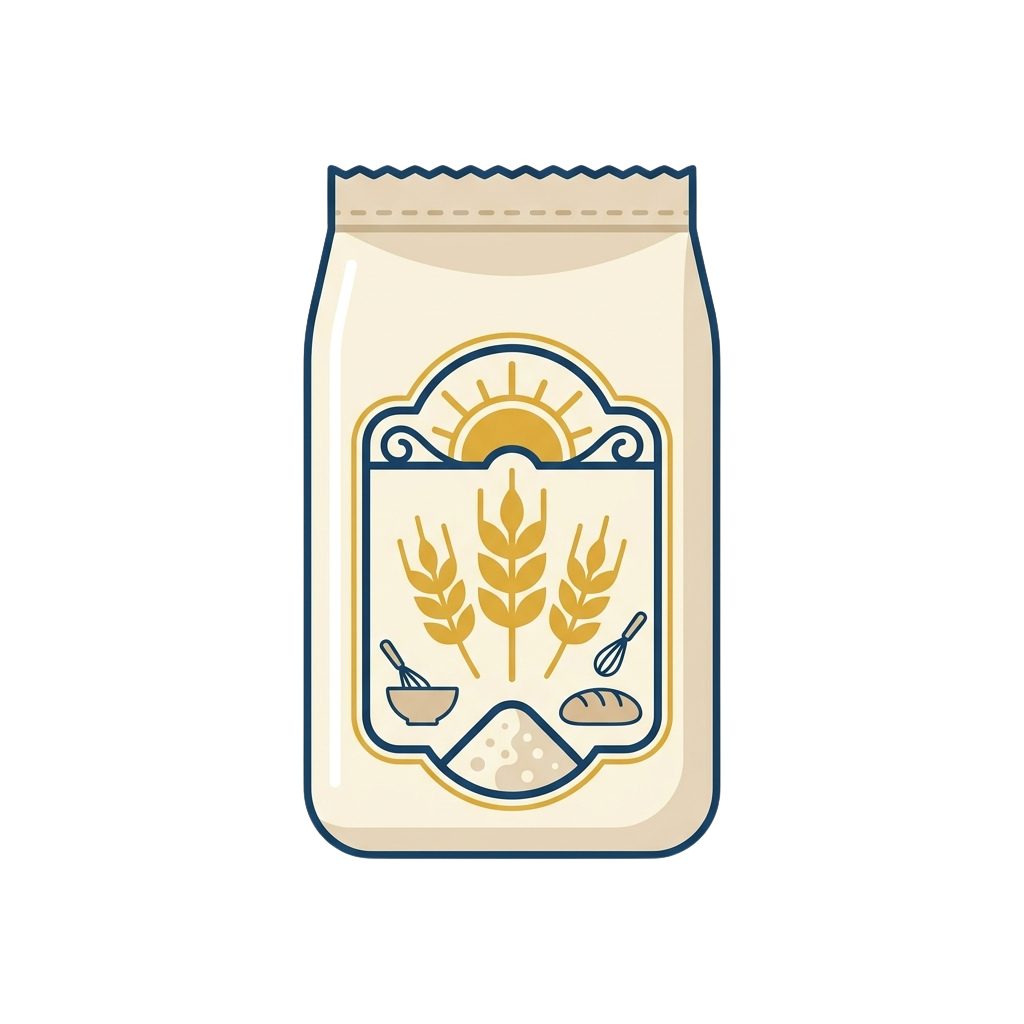 Illustration of a beige paper bag of flour featuring wheat stalks, bread, and a rising sun design.