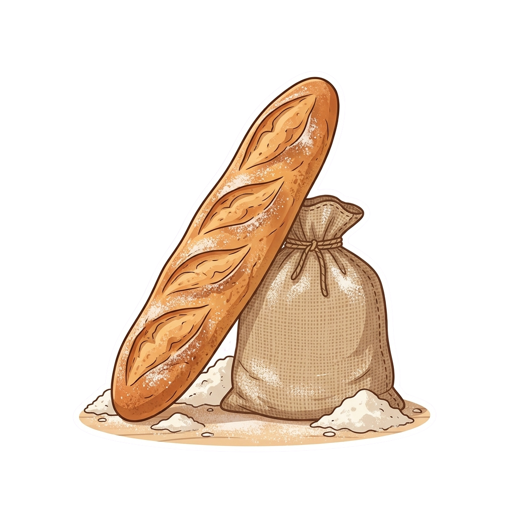 A baguette loaf of bread leaning against a sack of flour with spilled flour around them