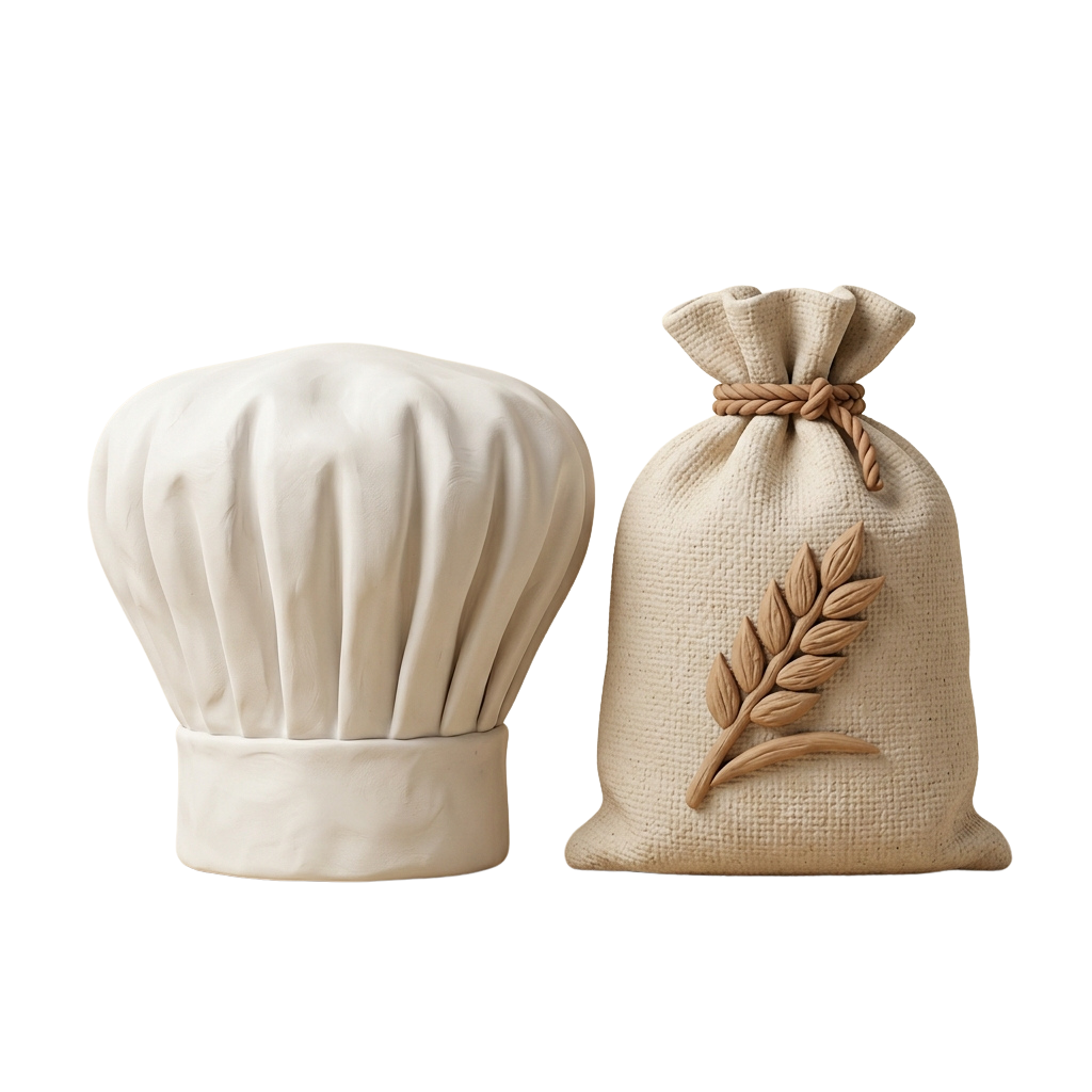 Decorative chef hat and burlap sack with wheat emblem on black background