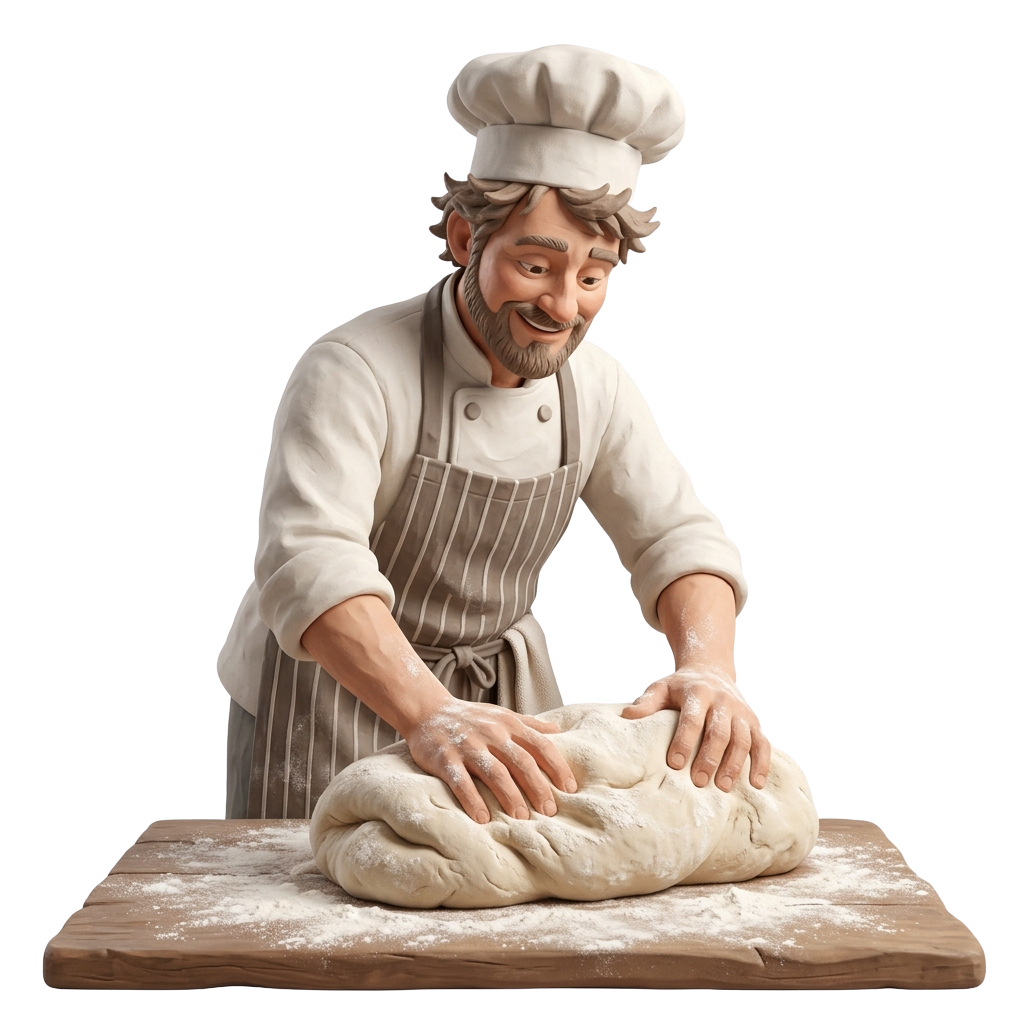 A chef in a white hat and apron kneading a large ball of dough on a wooden board