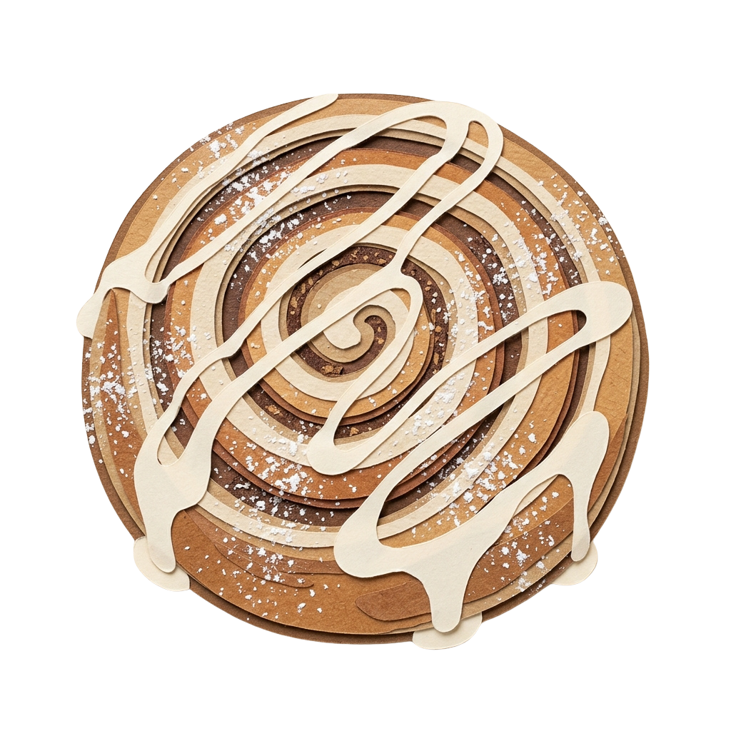 A round layered caramel cake with white icing drizzle and powdered sugar on top