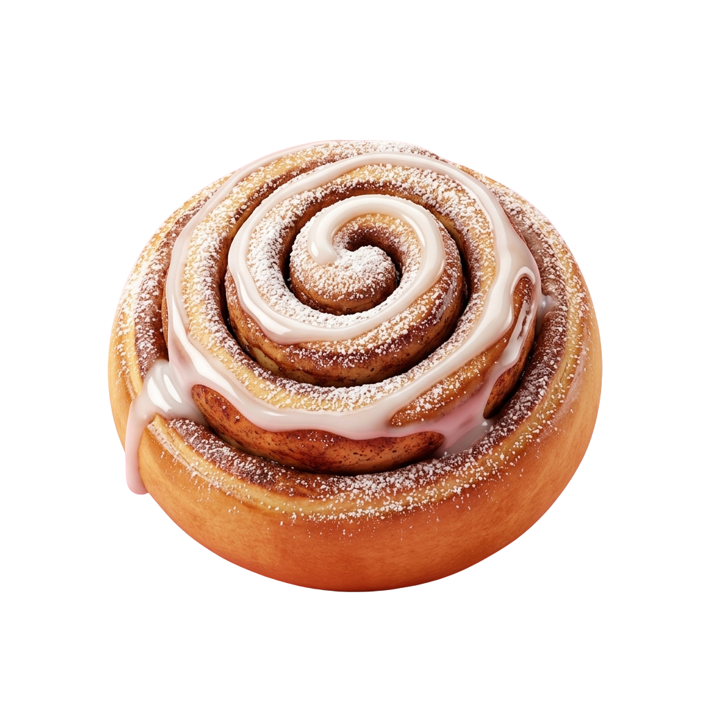 A fluffy cinnamon roll topped with white icing and sugar sprinkles