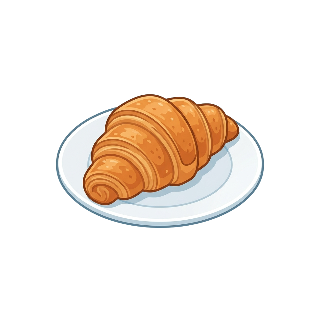 A golden-brown croissant sitting on a white plate against a dark background