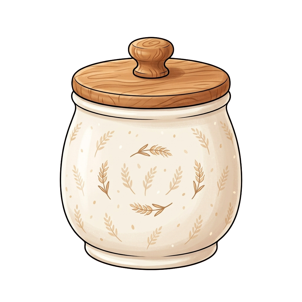 A ceramic canister with a wooden lid featuring a pattern of stylized herbs on its surface
