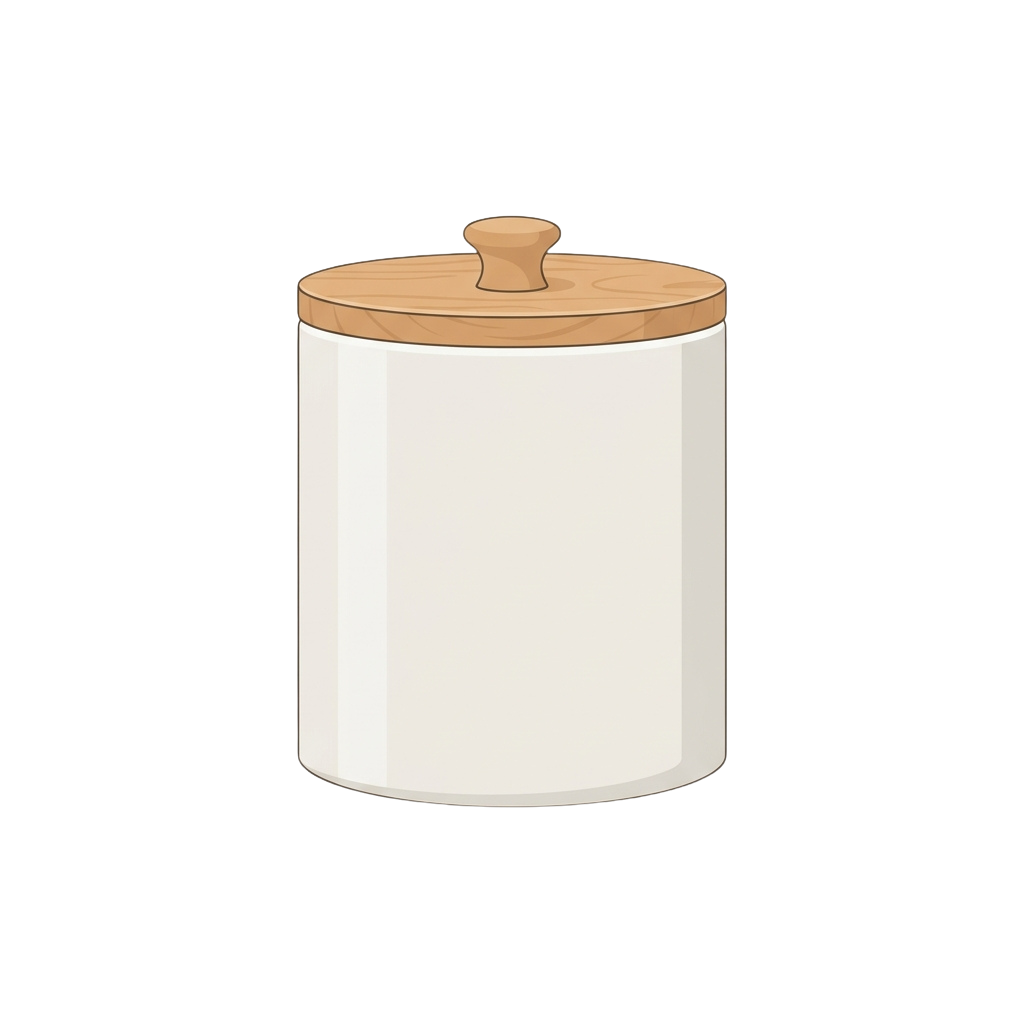 A white ceramic jar with a wooden lid and knob on a black background