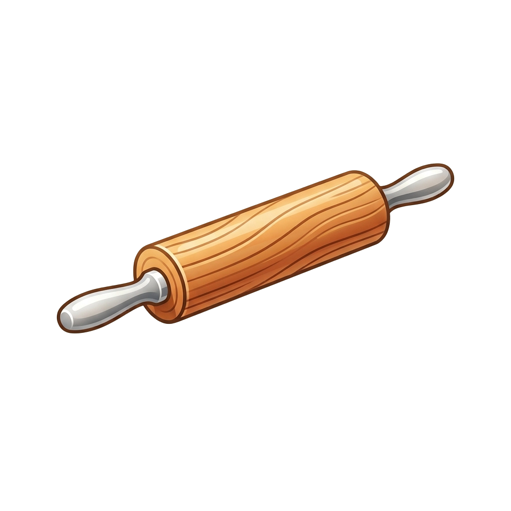A wooden rolling pin with smooth metal handles on both ends