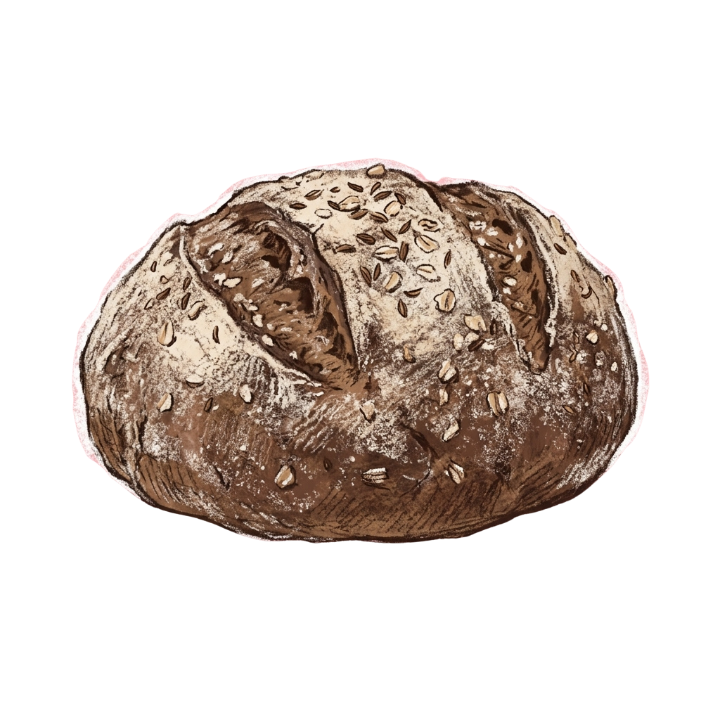 A rustic loaf of bread with a textured crust and seeds on top