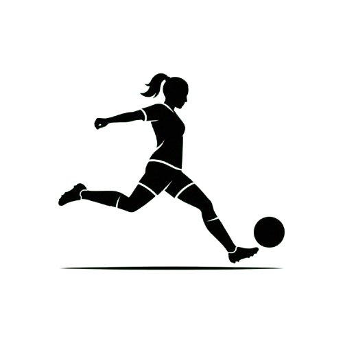 A line drawing of a female athlete kicking a soccer ball with proper form and technique