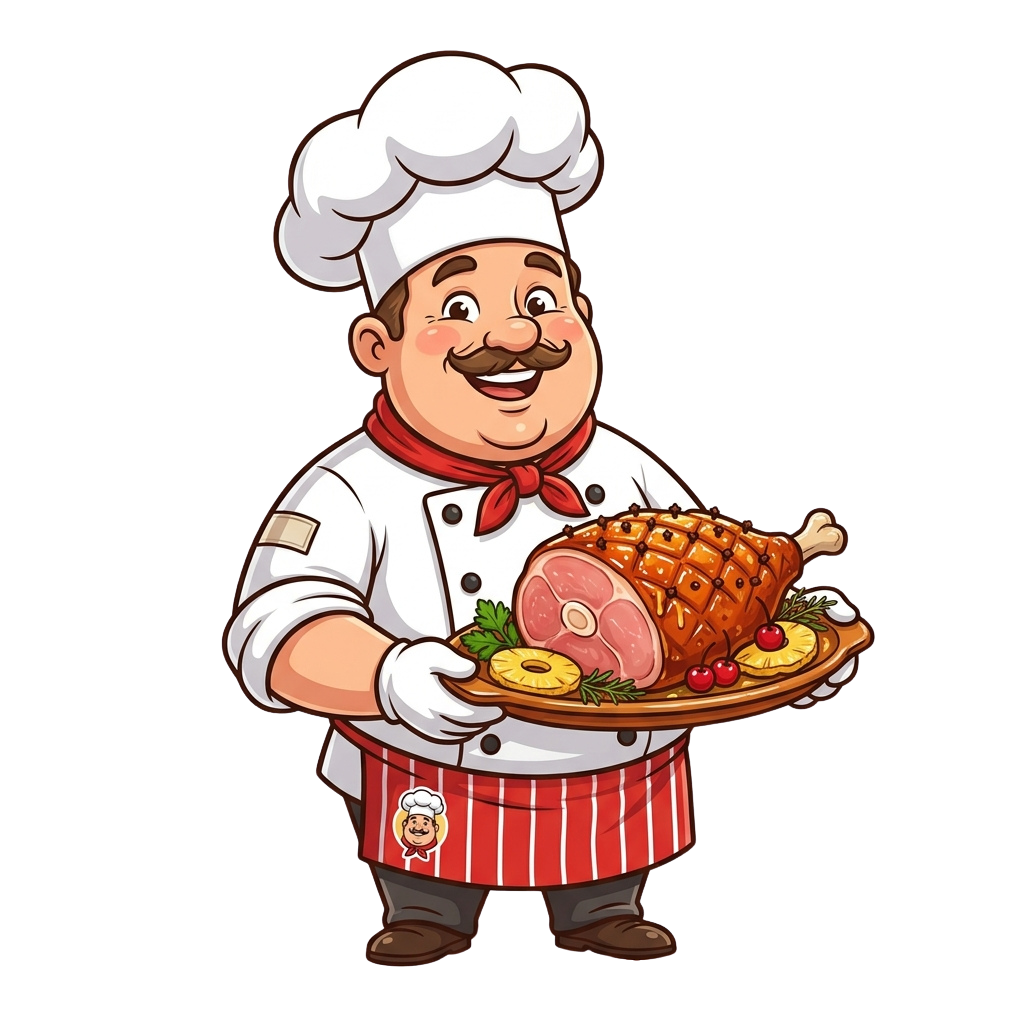 A cheerful cartoon chef wearing a white hat and apron holds a platter with roast ham, pineapple slices, and garnishes.