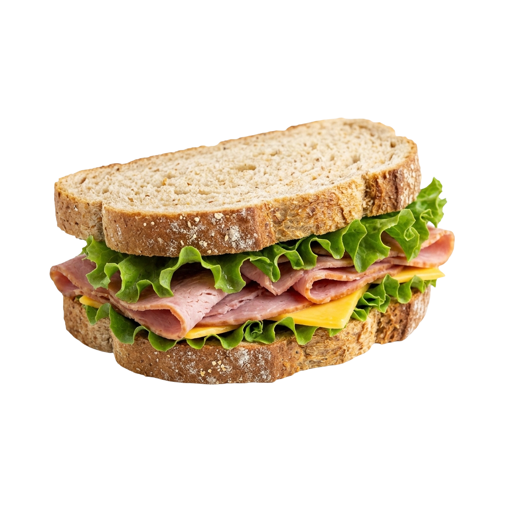 A ham and cheese sandwich with lettuce leaves on whole grain bread slices