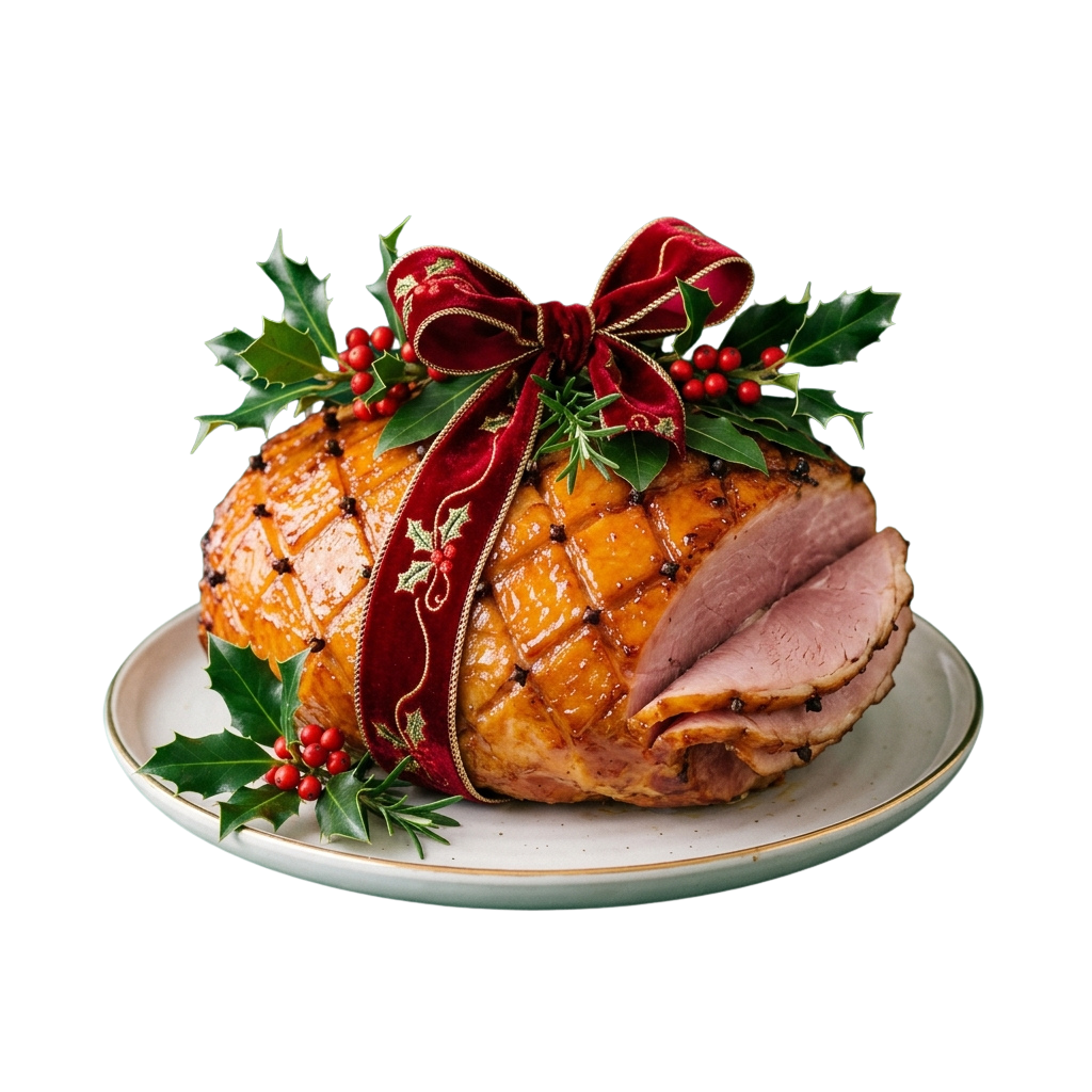 A beautifully roasted ham with golden-brown glaze, adorned with a red ribbon bow and holly garnish on a white plate