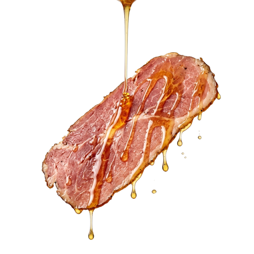 A cooked pork chop with a glossy glaze dripping down its sides against a dark background