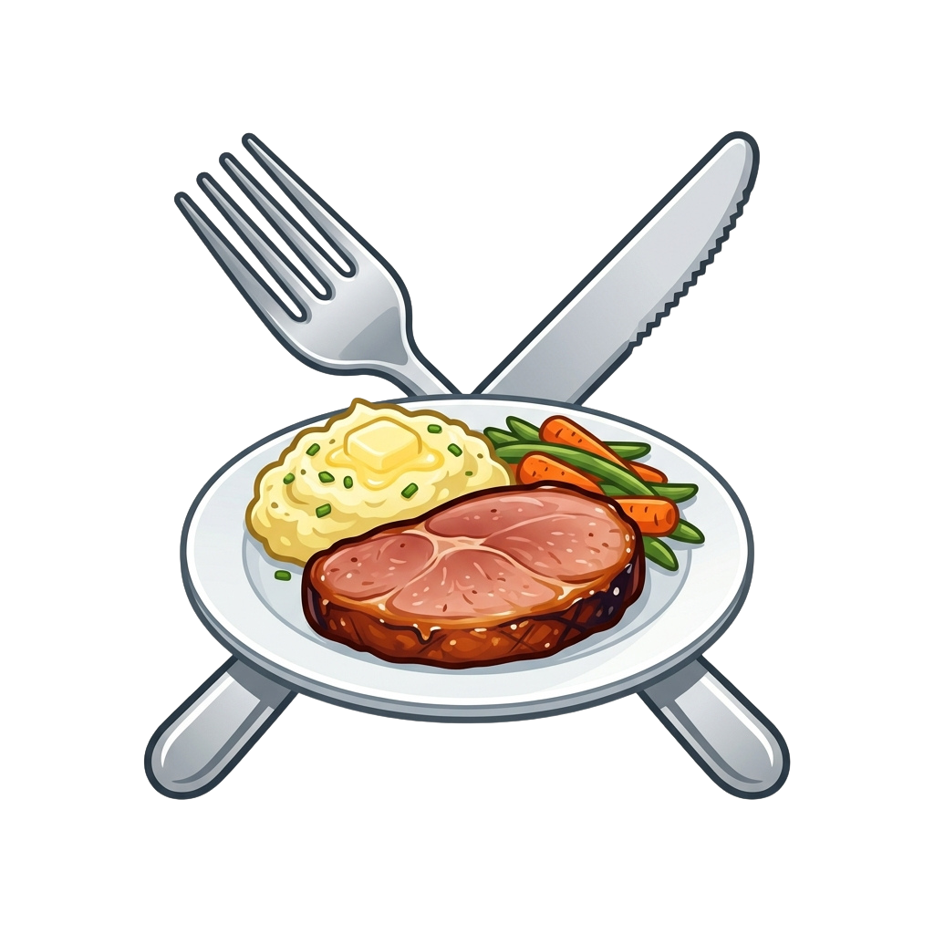 A plate featuring ham steak, mashed potatoes, carrots, and green beans with a fork and knife crossed behind it