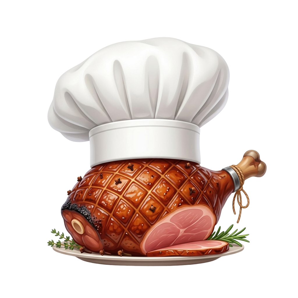 A roasted turkey with a chef's hat on top placed on a plate with herbs beside it