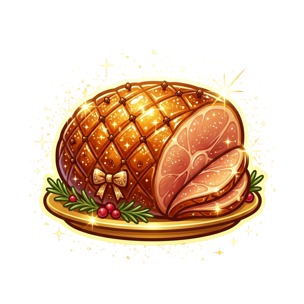 A roasted ham with a decorative crust, garnished with a bow, holly leaves, and berries on a golden platter with sparkling stars around it