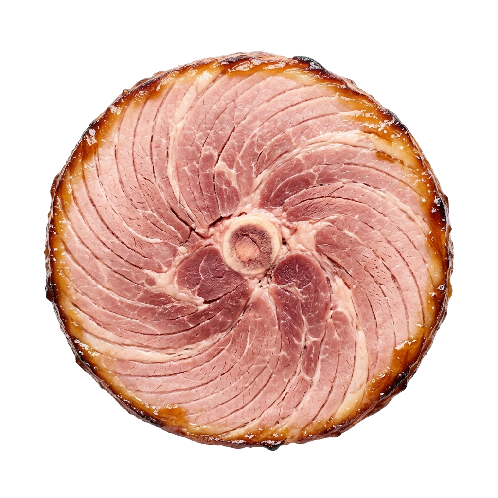 A round slice of spiral-cut ham with visible pink meat and golden-brown rind.