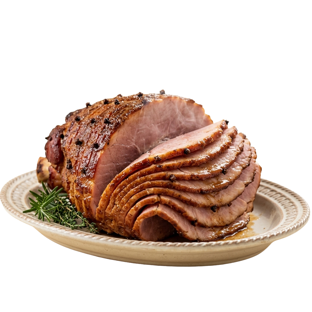 A spiral-cut ham resting on a white plate with rosemary sprig garnish