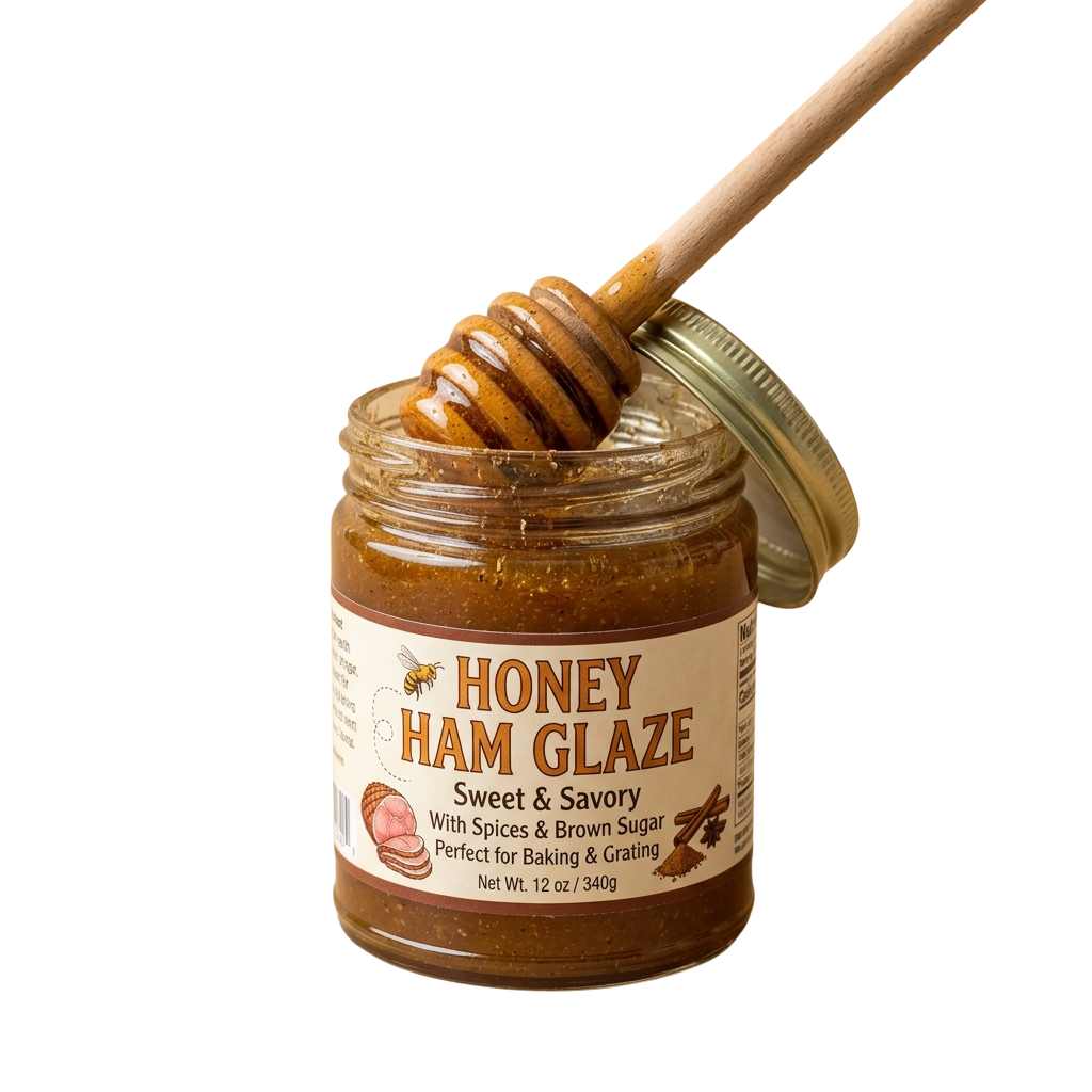 Jar of honey ham glaze with spices and brown sugar, topped with a wooden honey dipper