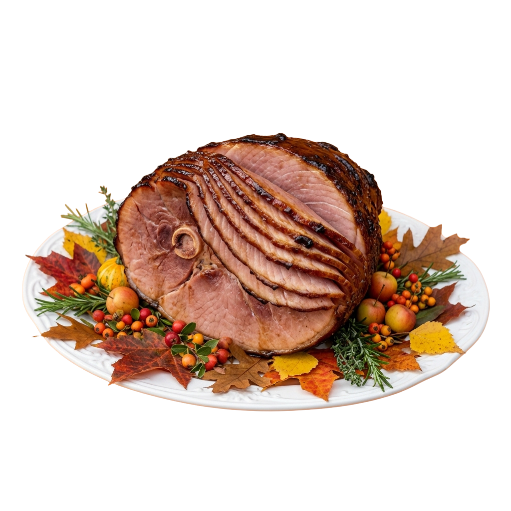 A beautifully carved glazed ham on a white platter surrounded by autumn leaves, berries, and herbs