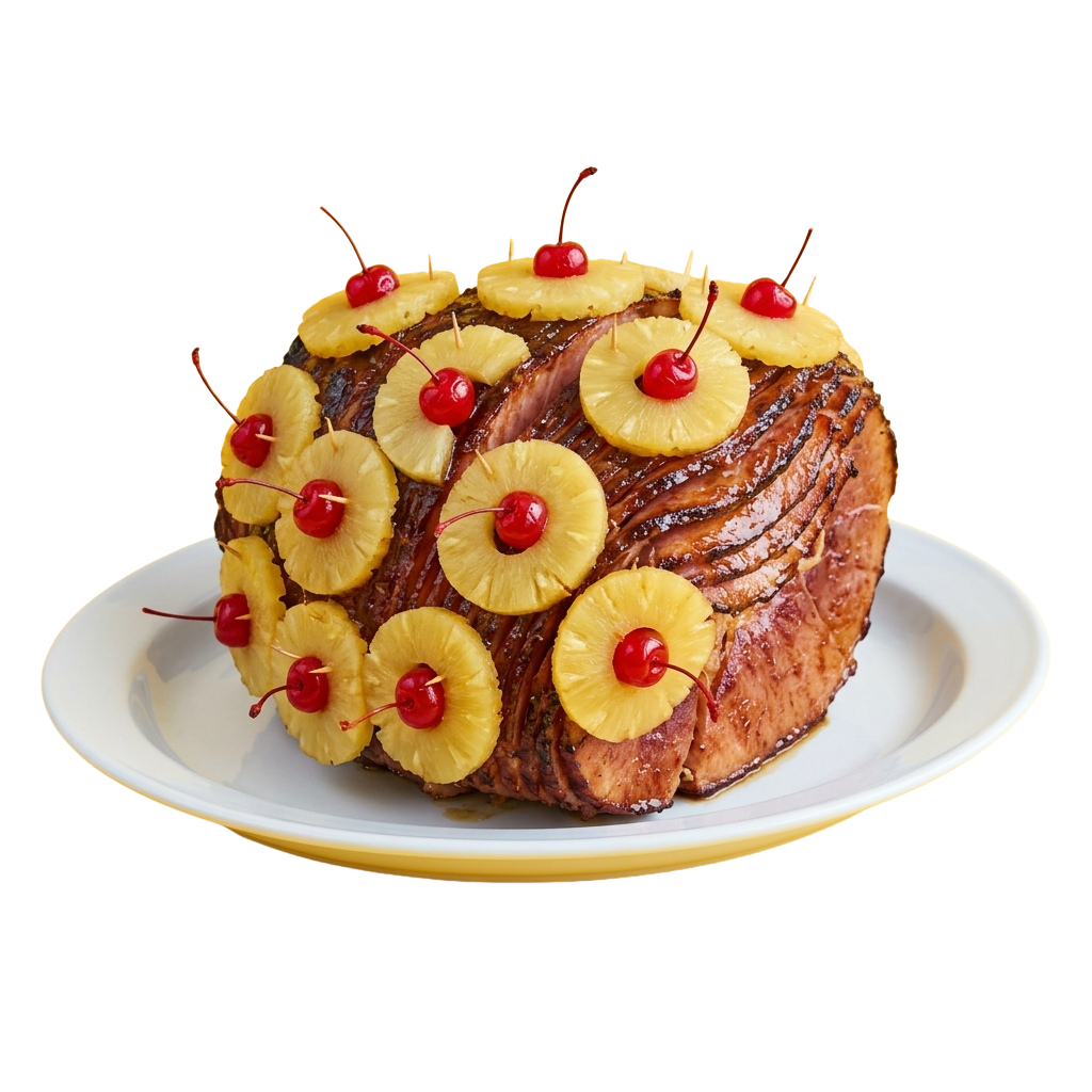 Decorative ham topped with pineapple slices and cherries on a white plate