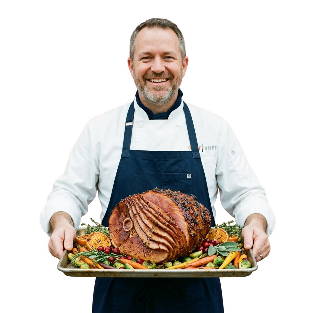 Chef in uniform smiling while holding a roasted ham with assorted vegetables on a metal tray
