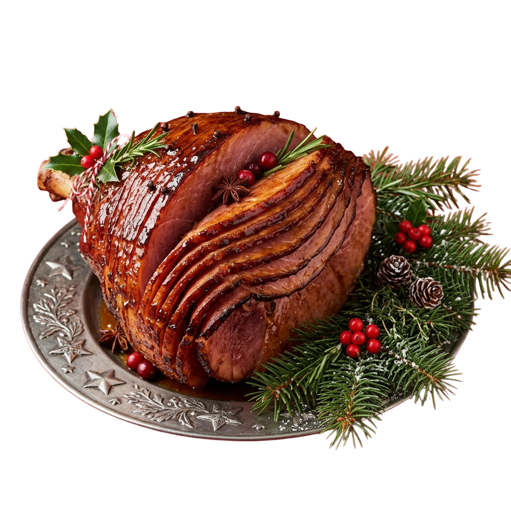 A beautifully glazed spiral-cut ham garnished with holly leaves and berries, served on a decorative silver platter.