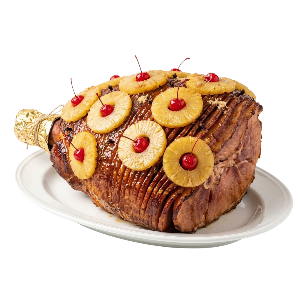 A beautifully glazed ham decorated with pineapple slices and cherries on a white plate