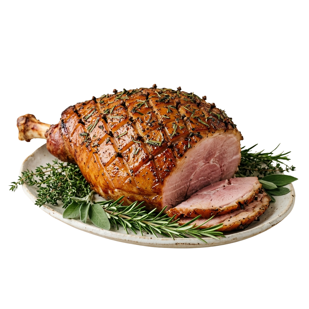 A cooked ham with a crusty herb glaze on a white plate surrounded by fresh rosemary sprigs