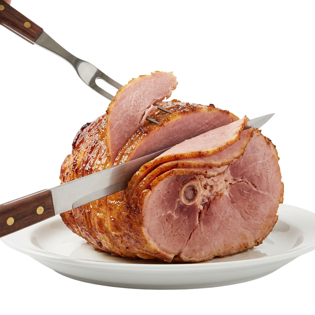 A plate with sliced roast ham and a carving knife resting on the meat.
