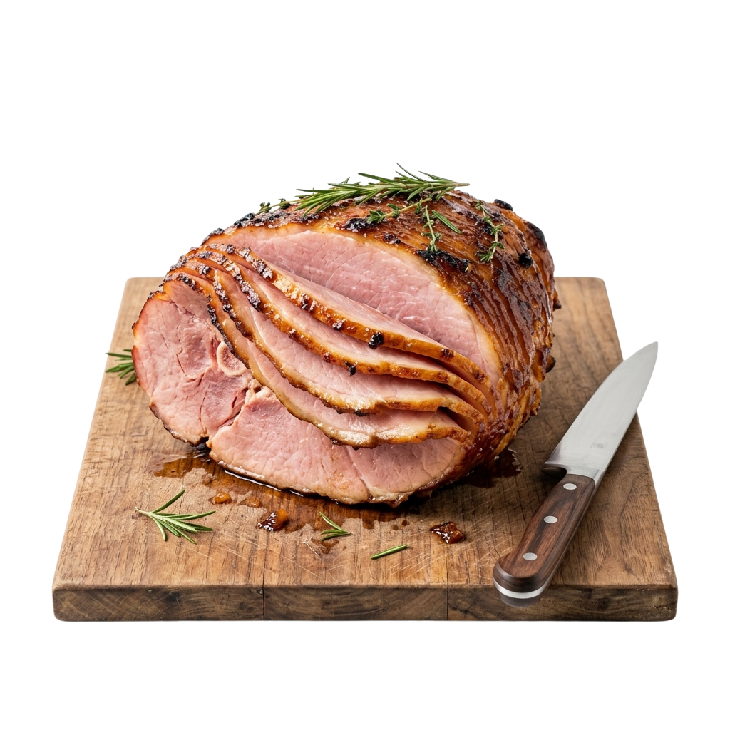 A carved glazed ham resting on a wooden board with a knife beside it and rosemary sprigs around