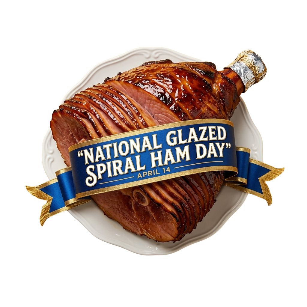 Glazed spiral ham on a white plate with a blue ribbon celebrating National Glazed Spiral Ham Day on April 14