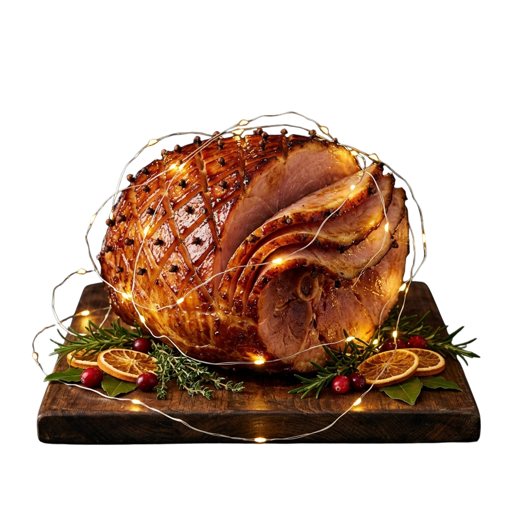 A beautifully glazed ham wrapped in string lights, garnished with oranges, rosemary, and cranberries on a wooden board