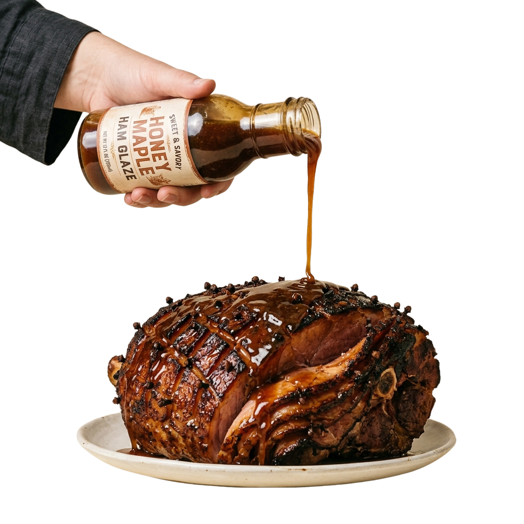 A hand pouring honey maple ham glaze over a cooked ham on a white plate.