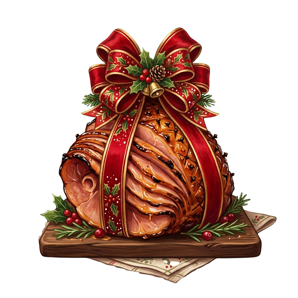 A beautifully wrapped spiral ham with red ribbon, holly, and berries on a wooden board.
