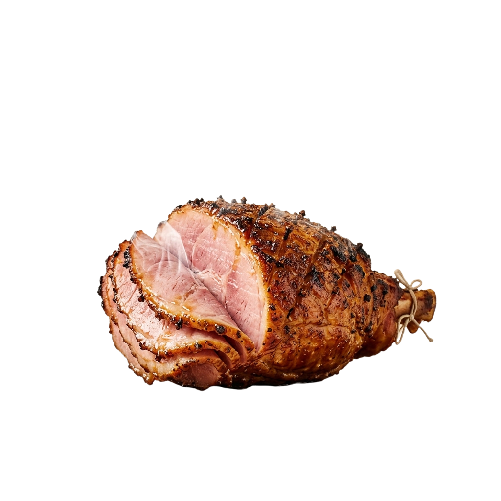 A roasted whole ham with a golden-brown crust and visible pink meat inside, tied with twine.