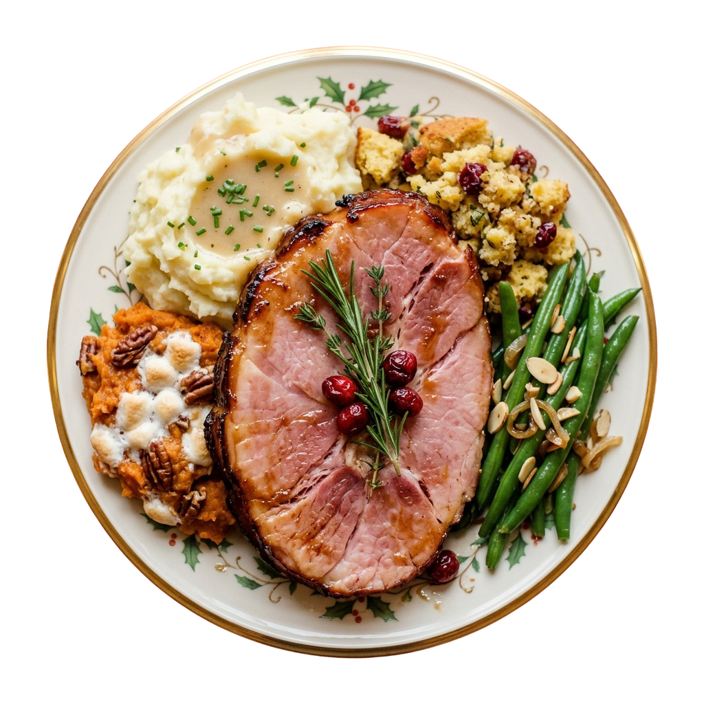 A festive plate featuring roasted ham garnished with rosemary and cranberries, mashed potatoes, green beans with almonds, and herb-stuffed dressing